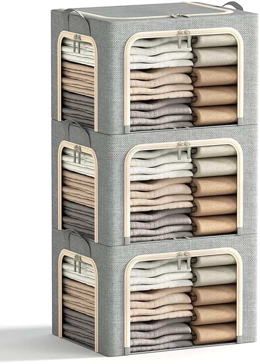3 Openings Clothes Storage Bins with Metal Frame, Foldable Storage Bin for Clothes, Clothing Storage Bins with Lid, Linen Storage Box With Clear Window＆ Zippers＆ Durable Handles.(3 Pcs,Light Grey,40L) - Product Image