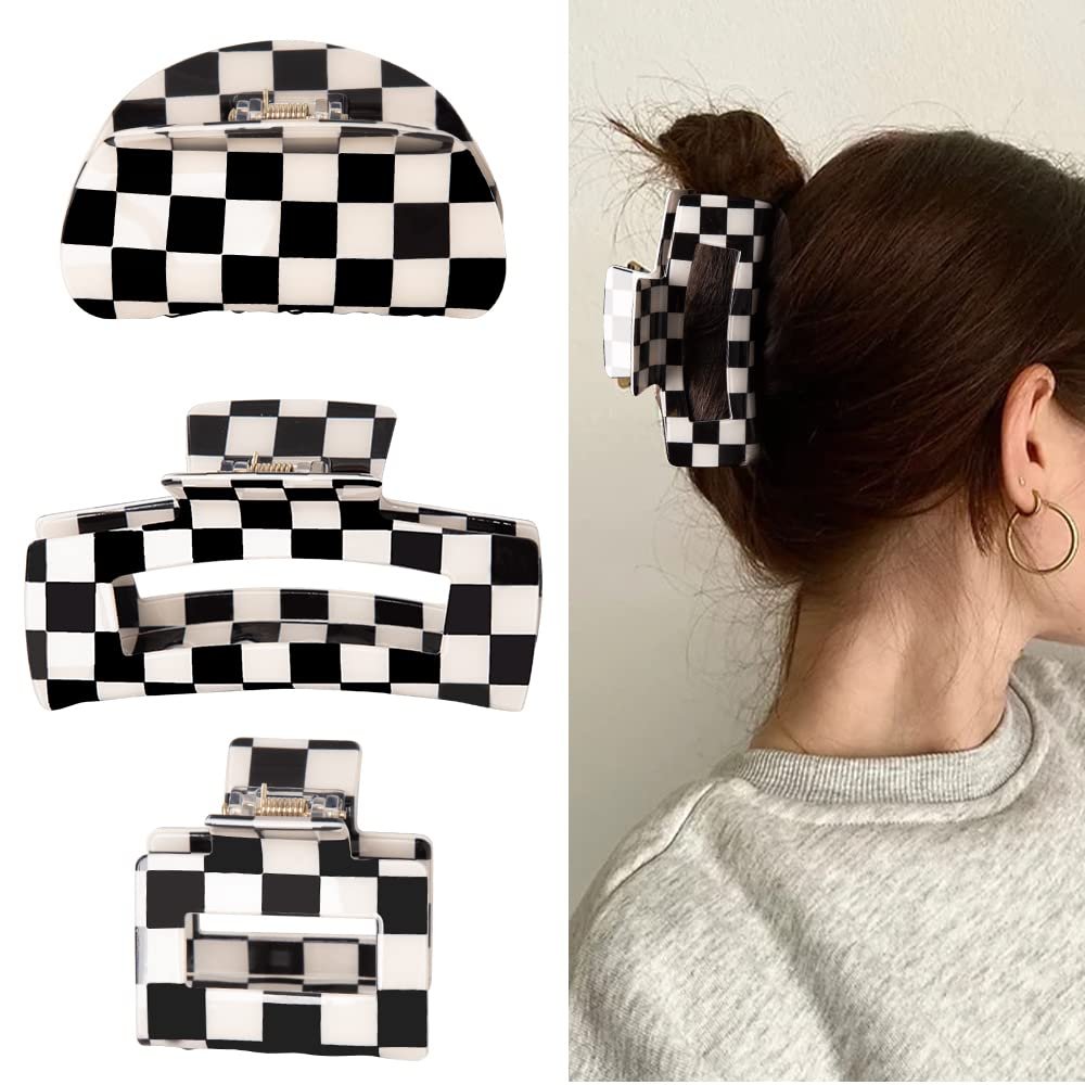 Bmobuo Vintage Checkered Y2K Hair Barrettes, Aesthetic 3Pcs Claw Clips for Women and Girls - Product Image