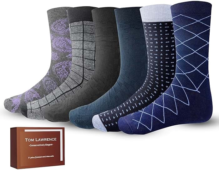 Tom Lawrence Mens Dress Socks -Premium Quality Soft Cotton- Pack of 6 in Gift Box, Assorted Patterned Dress Socks For Men 9-12, Breathable Soft Cotton- Nylon Blend - Product Image