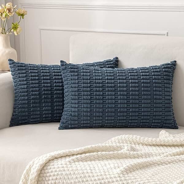 MIULEE Pack of 2 Corduroy Decorative Lumbar Throw Pillow Covers 20x12 Inch Soft Boho Striped Pillow Covers Modern Farmhouse Home Decor for Summer Coastal Sofa Living Room Couch Bed Blue - Product Image