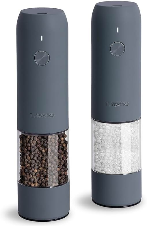TLYSXPRO Electric Salt and Pepper Grinder Set with USB Rechargeable, Automatic One Hand Operation with Adjustable Coarseness, Pepper Mill Grinder Refillable with LED Light (2 Packs, Blue-Grey) - Product Image