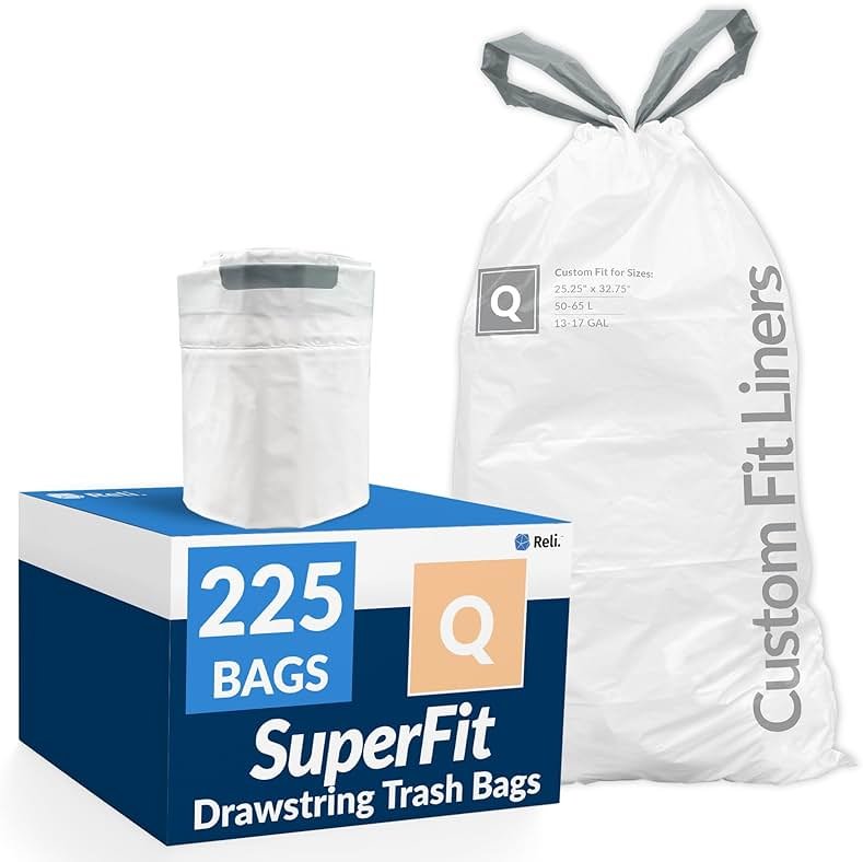 Reli. Code Q Trash Bags | 225 Count | Garbage Bags Comparable to Simplehuman Code Q | Custom Fit | 13-17 Gallon | Drawstring | 1.2 Mil - Product Image