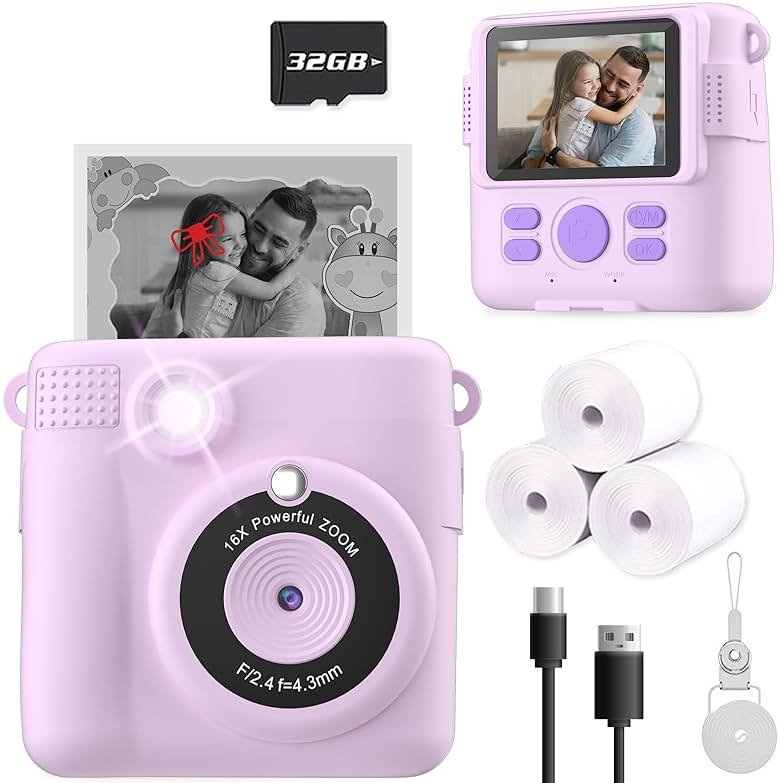 ESOXOFFORE Instant Print Camera for Kids, Christmas Birthday Gifts for Girls Boys Age 3-12,Kids Digital Cameras for Toddler, Portable Toy for 3 4 5 6 7 8 9 10 Year Old Girl with 32GB SD Card-Purple - Product Image