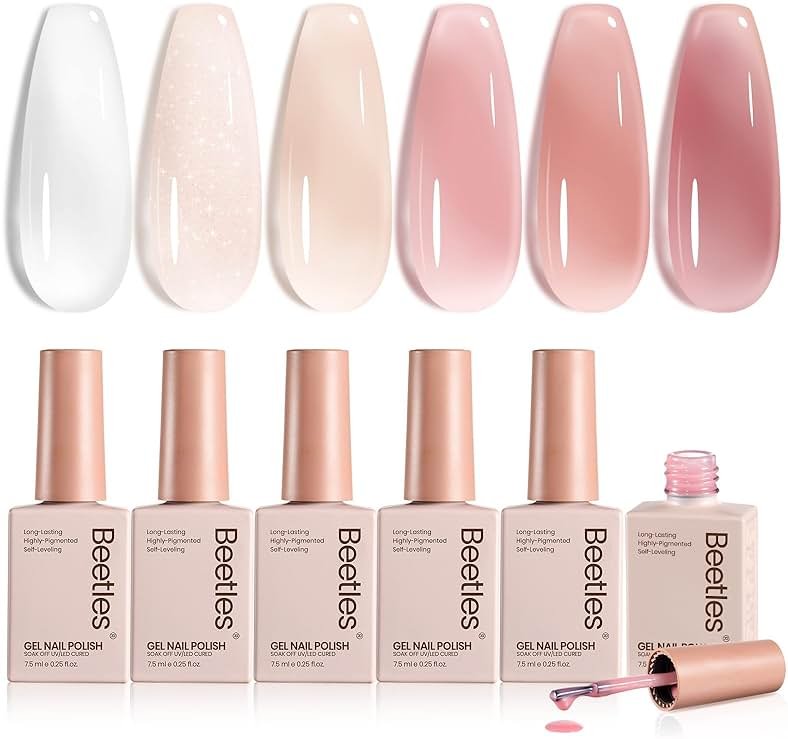 beetles Gel Polish Whispers of Love Jelly Gel Nail Polish Set - 6 Colors Milky White Nude Pink Neutral Sheer Translucent Soak Off UV Gel Nail Kit, Nail Concealer for Salon DIY Manicure Gift Women - Product Image