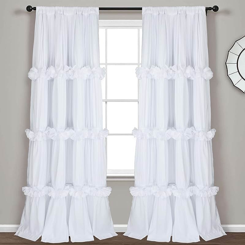 Homechoice Decor Thermal Insulated Blackout Window Curtains, 54" W x 84" L x 2 Panels, Boho Ruched Window Treatments with 3 Rows of Butterfly Flowers, Rustic Rod Pocket Drapes for Room, White (LQ-30) - Product Image