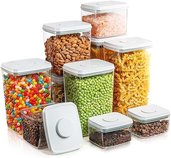 Airtight Food Storage Containers with Lids 10 PCS Pop Containers for Kitchen Pantry Organization BPA-Free Stackable Clear Pantry Storage Set with Measuring Scales for Cereal Flour Sugar Pasta Snacks - Product Image