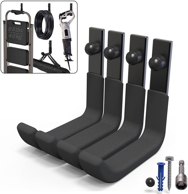 SunVFaFa 4 Pack Garage Storage Hooks, Ladder Hangers, Steel Wall Mount Hooks, Utility Hooks for Hanging Heavy Duty Shed Tools, Ropes, Garden Hoses, Shovel, Bulk Items, etc.（88lbs, 4Inch） - Product Image