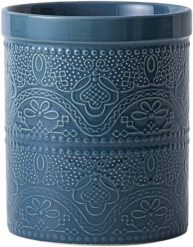 FUN ELEMENTS Kitchen Utensil Holder, 7.2" Super Large Utensil Crock Heavy and Stable Lace Emboss Ceramic Utensil Holder for Kitchen Counter (Grayish Blue) - Product Image