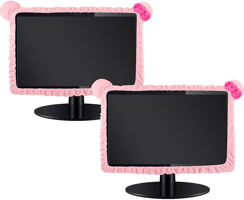 Hoteam 2 Pcs 17''-24'' Kawaii Computer Monitor Cover with Cat Ear Furry Cute Pink Monitor Dust Cover Protector Lovely Computer Desk Accessories Laptop TV LCD Screen Decoration for Tablet - Product Image