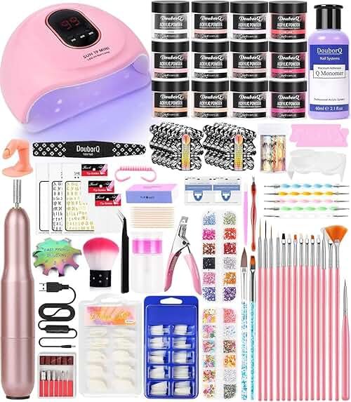 Acrylic Nail Art Kit for Beginners with U V Lamp and Drill | Complete manicure set includes acrylic powder, brush, glitter, file, French tips, nail drill and U V lamp for home use - Product Image