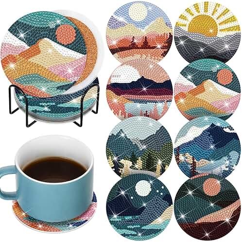 Sunnyray 8 Pcs Diamond Painting Coasters Kits with Holder, Landscape Black Cat Diamond Art Coasters Set Boho Diamonds Dots Painting Kits Adults DIY Art for Drinks Coffee Table(Landscape) - Product Image