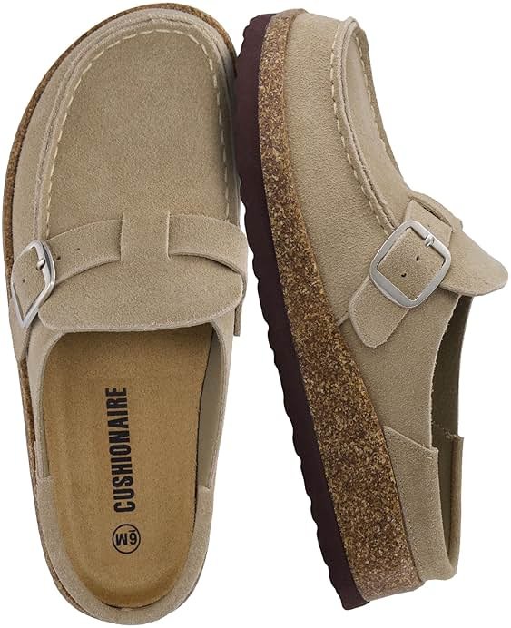 CUSHIONAIRE Hobby Genuine Leather Suede Mule Clogs for Women with Buckle Strap and Cork Footbed, Supportive All-Day Comfort in Womens Shoes - Product Image