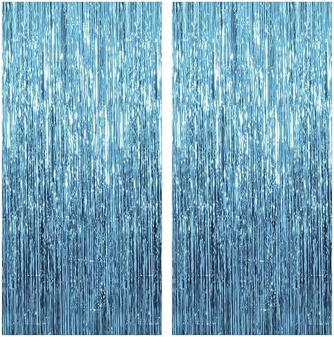 2 Pack Blue Streamers Party Decorations Fringe Backdrop Ocean Themed Decorations Foil Curtain Backdrop Blue Birthday Ocean Party Decor Supplies - Product Image