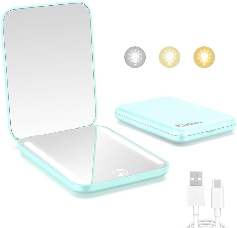 Kintion Rechargeable Pocket Mirror, Double Sided 1X/3X Magnification Compact Vanity Mirror, 3 Color Lights, Dimmable, Small Portable Wallet Mirror, Lighted Travel Mirror for Women Gifts, Cyan - Product Image