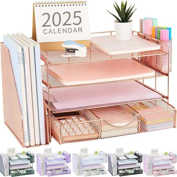 gianotter Desk Organizers and Accessories with File Holder, 4-Tier Desk Accessories & Workspace Organizers with Drawer and 2 Pen Holder, Paper Organizer for Office Supplies (Rose Gold) - Product Image