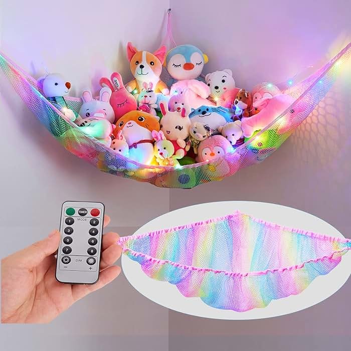 Unicorn Castle Stuffed Animals Net Hammock Toy Storage with LED Light Plush Toy Organizer Corner Hanging Stuffed Animals Holder For Nursery Room Decor - Product Image