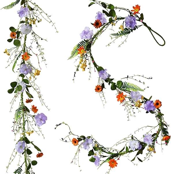 LVLFOR 2PCS Artificial Daisy Garland, 6FT Faux Flower Hanging Vine, Purple Flowers Ivy, Spring Garland with Eucalyptus Boston Fern Vine for Sign Board Party Home Decor - Product Image