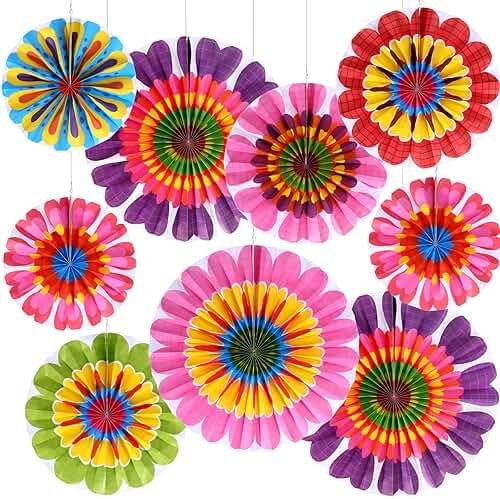 Outus Flower Hanging Decorations Summer Paper Fans Classroom Ceiling Wall Decor Colorful Bloom Paper Fan for Wedding Birthday Birthday Party Supplies(9 Pcs,Spring Flower) - Product Image