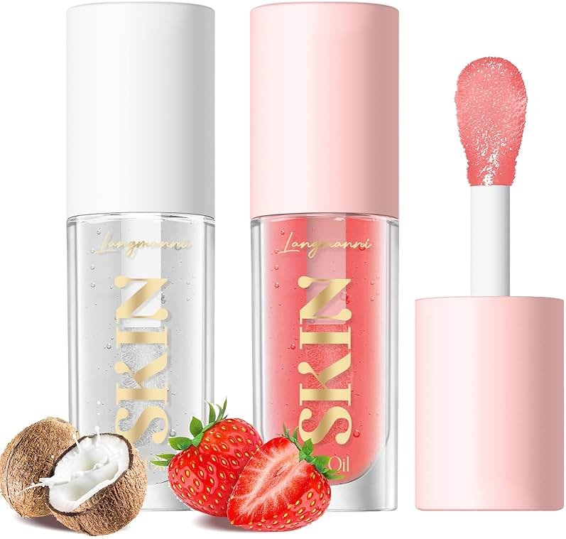 LANGMANNI Lip Oil,No-Sticky Gloss Lip Balm Lip Care,Fruit Flavoured Lip Oil For Dry Lip's Moisturizing Hydrating And Nourishing (Strawberry+Coco) - Product Image