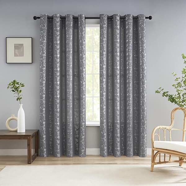 Taisier Home Silver Foil Print Linen Textured Curtains Geometric Dots Pattern Design Curtains for Bedroom Living Room Thermal Insulated Window Treatment 2 Panels 108" L,Soft Grey and Silver Curtain - Product Image