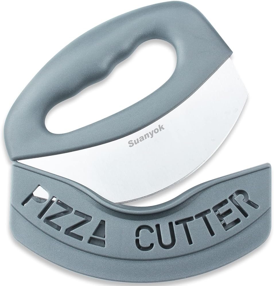 Suanyok Premium Pizza Cutter Food Chopper-Super Sharp Blade Stainless Steel Pizza Cutter Rocker Slicer with Protective Sheath Multi Function Pizza Knife Kitchen Tools,Dishwasher Safe (Gray) - Product Image