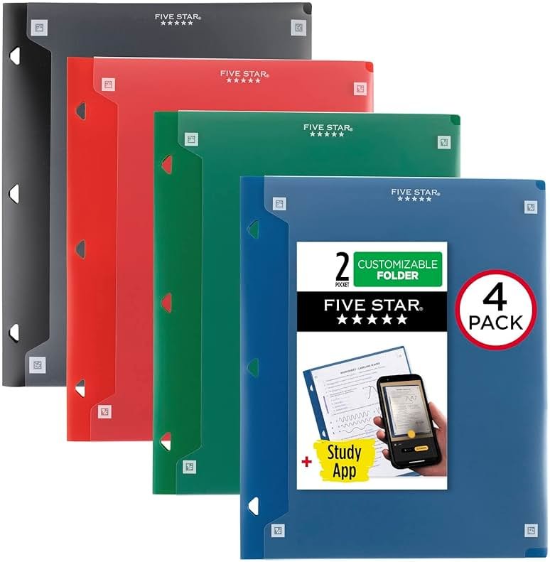 Five Star Pocket Folder + Study App, 4 Pack, 2 Pocket Folder, Customizable Cover, Fits 3 Ring Binder, Black, Pacific Blue, Fire Red, Forest Green (330092A-ECM) - Product Image