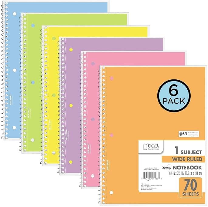 Mead Spiral Notebook, 6 Pack, 1 Subject, Wide Ruled Paper, 7-1/2" x 10-1/2", 70 Sheets per Notebook, Assorted Pastel Colors (930050-ECM) - Product Image