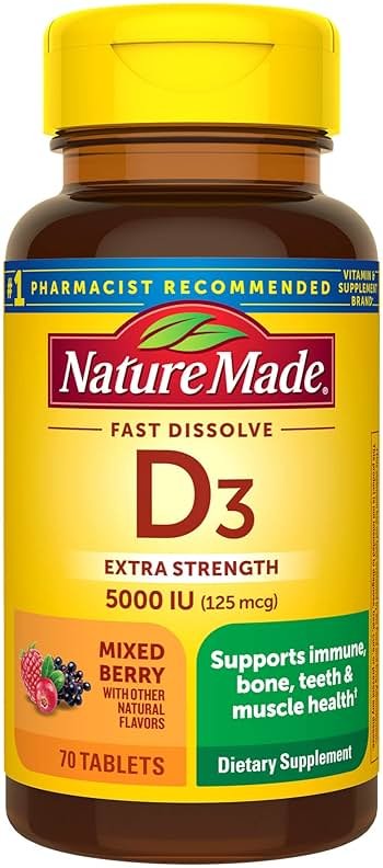 Nature Made Vitamin D3 5000 IU (125 mcg) Extra Strength, Vitamin D Supplement for Immune Support, 70 Sugar Free Fast Dissolve Tablets, 70 Day Supply - Product Image