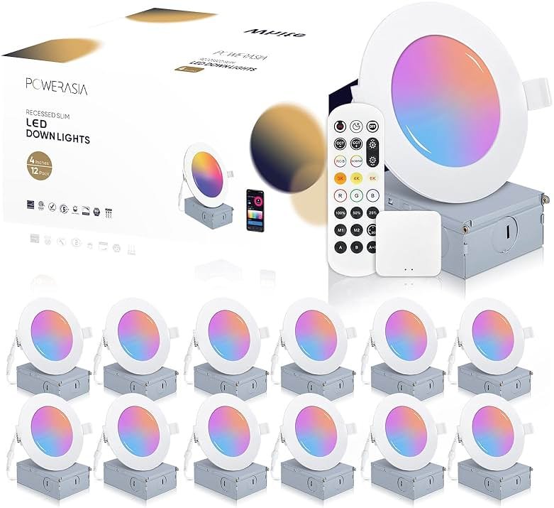 POWERASIA 12 Pack Smart Recessed Lighting 4 Inch, Ultra-Thin LED Recessed Lighting 9W 700LM Smart Downlight with Junction Box, Compatible with Alexa/Google Assistant - ETL and Energy Star Certified - Product Image