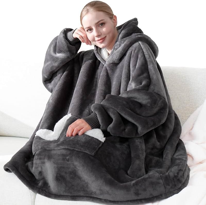 Touchat Wearable Blanket Hoodie, Oversized Sherpa Fleece Sweatshirt Blanket with Giant Hood Pocket and Sleeves for Adult, Warm & Cozy Grey Blanket Gifts for Women - Product Image