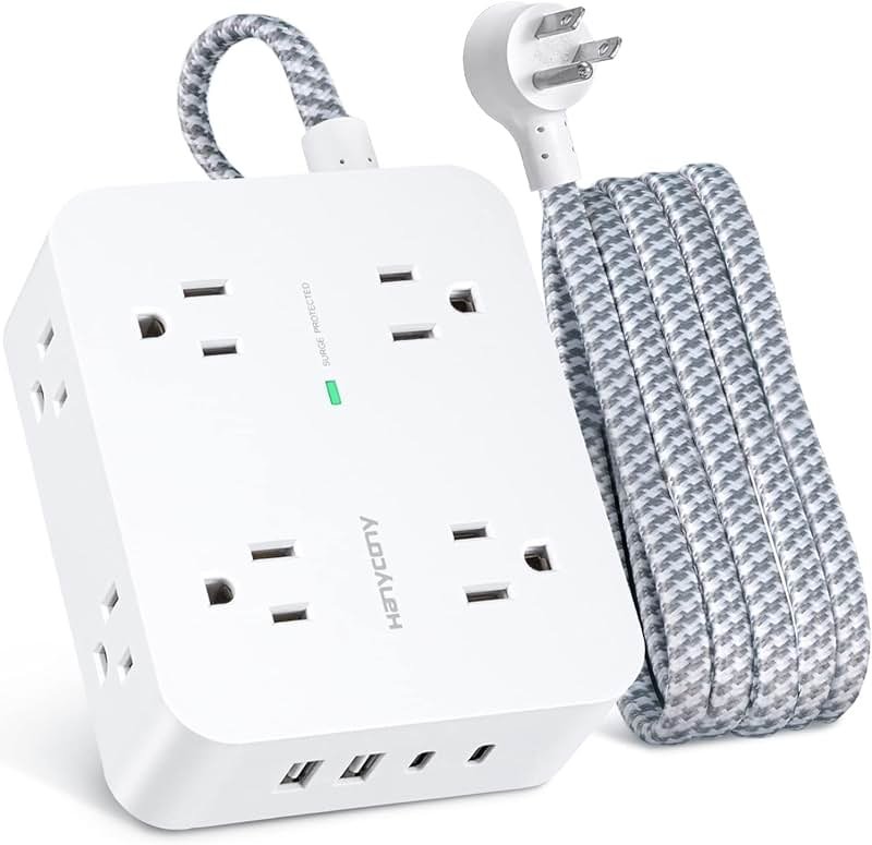 6Ft Surge Protector Power Strip with USB C, HANYCONY Extension Cord with 8 Outlets(2.2 IN) 4 USB Ports(2 USB C), Flat Plug, Wall Mount, 3 Side Outlet Extender for Home Dorm Room Essentials, ETL Listed - Product Image