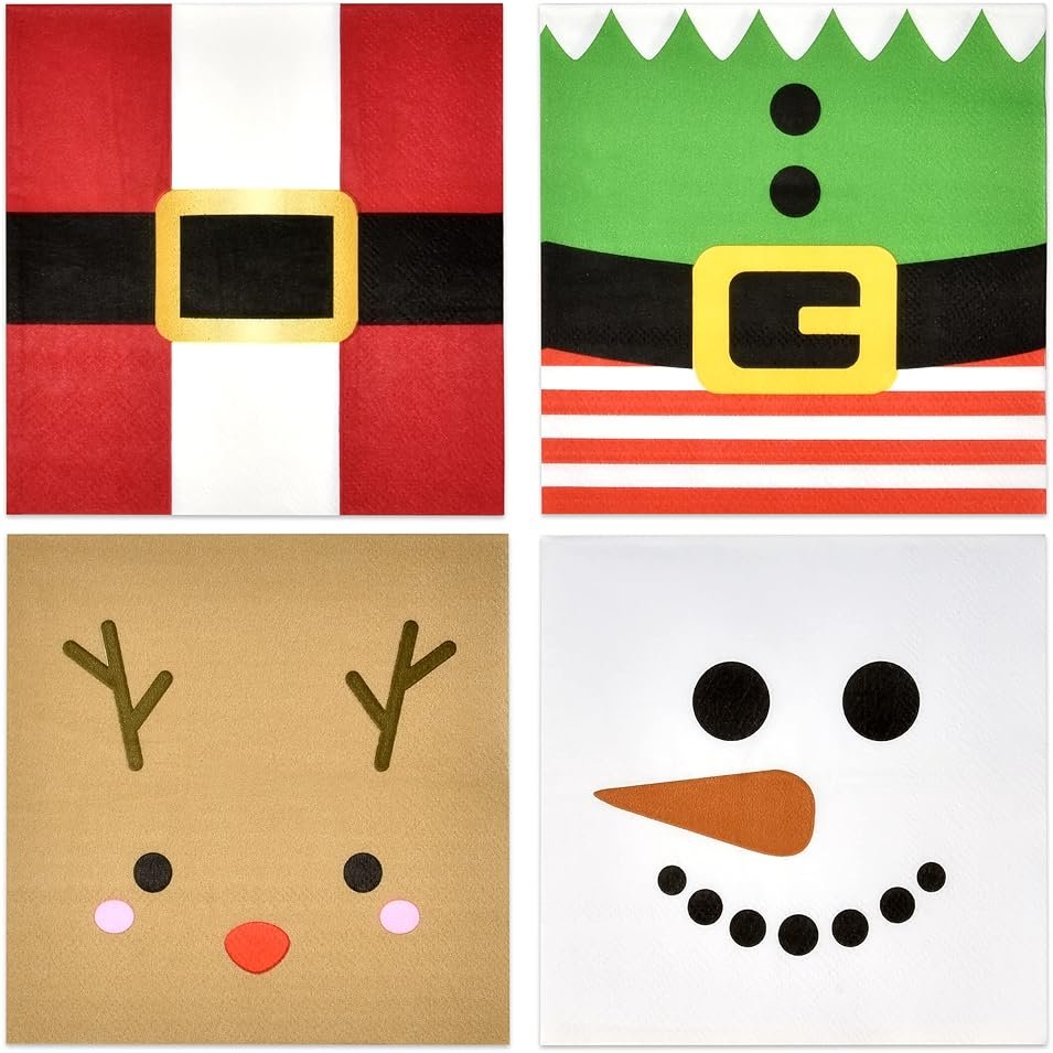 Gift Boutique 120 Christmas Character Cocktail Beverage Napkins Holiday Disposable Paper Napkin Cute Xmas Winter Snowman Reindeer Elf & Santa Belt Dessert Napkins for Home Dinner Buffet Party Supplies - Product Image
