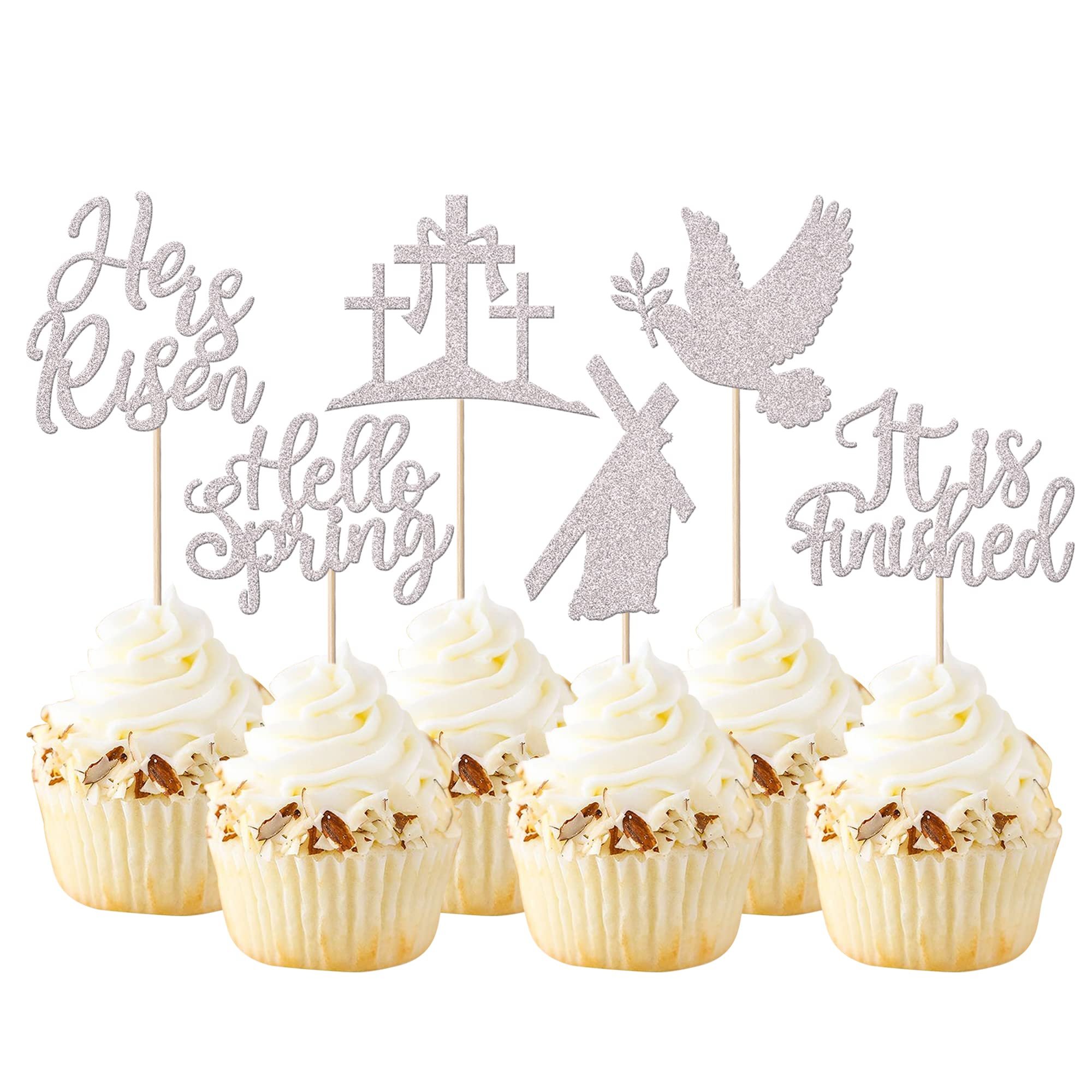 24 Pack Cross Cupcake Toppers Glitter It is Finished Peace Pigeon Cupcake Picks Hello Spring Cake Decorations for Christianity Theme Birthday Party Supplies Silver - Product Image
