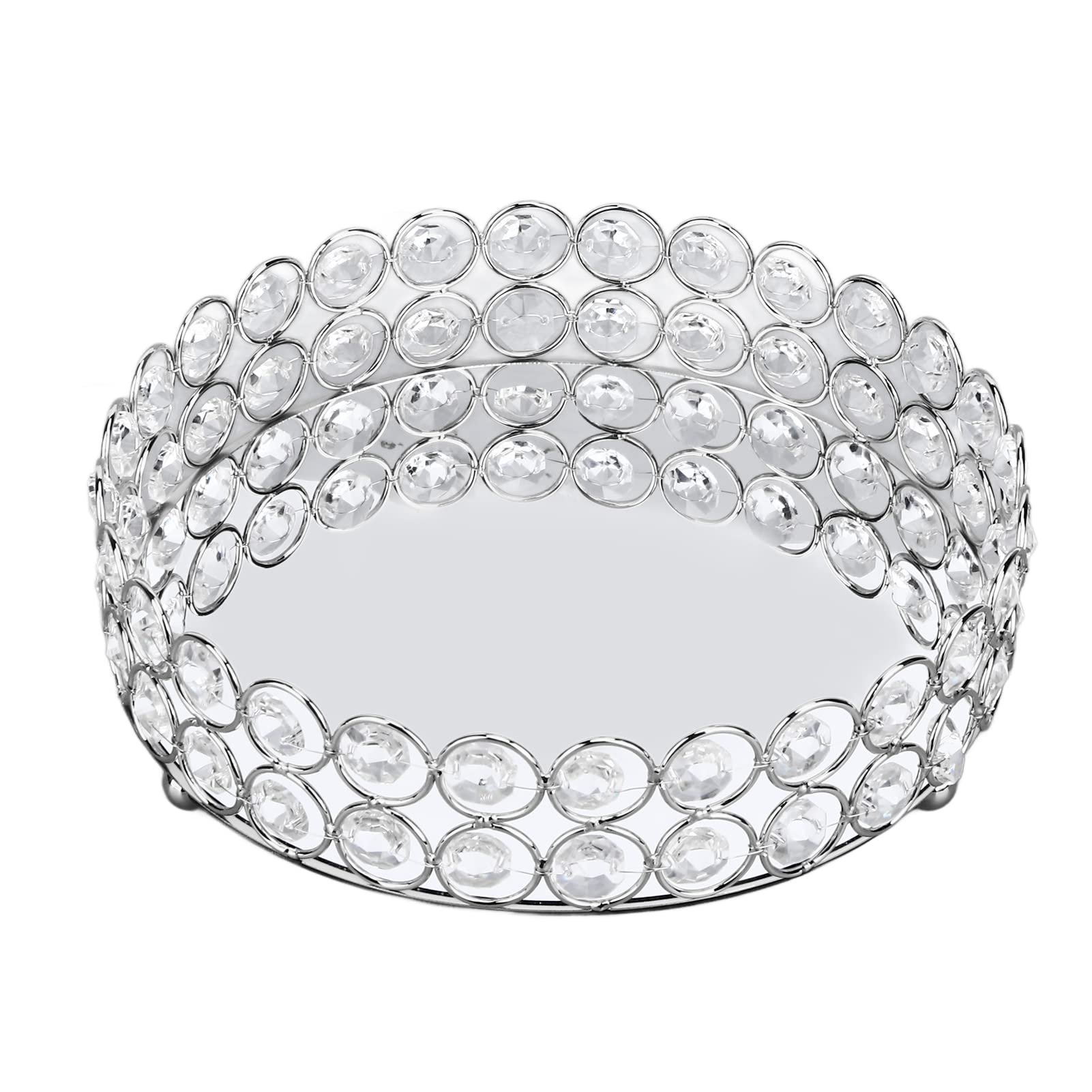 PRTECY 8 inch Crystal Cosmetic Makeup Tray, Round Mirrored Trays for Vanity Makeup Organizer Jewelry Dish Cosmetics Organizer for Bathroom Home Decor(Silver 20cm) - Product Image
