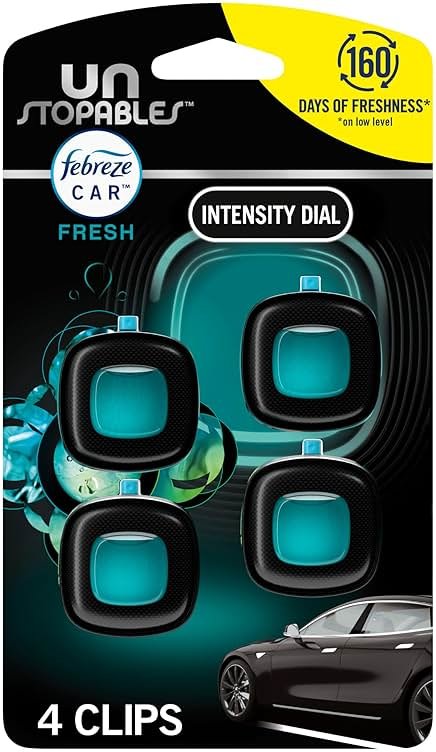 Febreze Car Air Freshener, Odor-Fighting Automotive Vent Clip, Scented Car Accessories, Long Lasting for Strong Odors, Unstopables Fresh Scent, .07 fl oz, 4 Count - Product Image