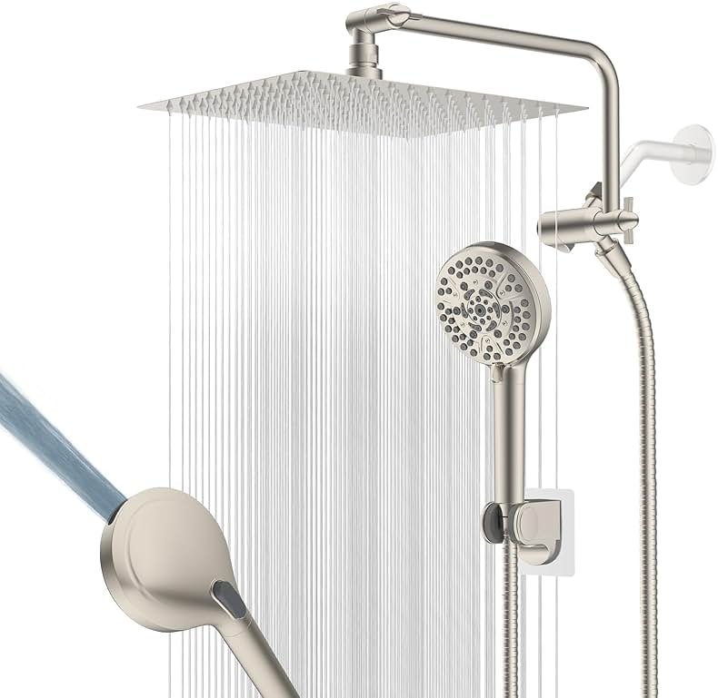 12" All Metal Shower Head, High Pressure 10-Spray Handheld Showerhead Rainfall Shower Head Combo with 11" Adjustable Shower Extension Arm, 71" Hose, Shower Head Holder, Brushed Nickel - Product Image