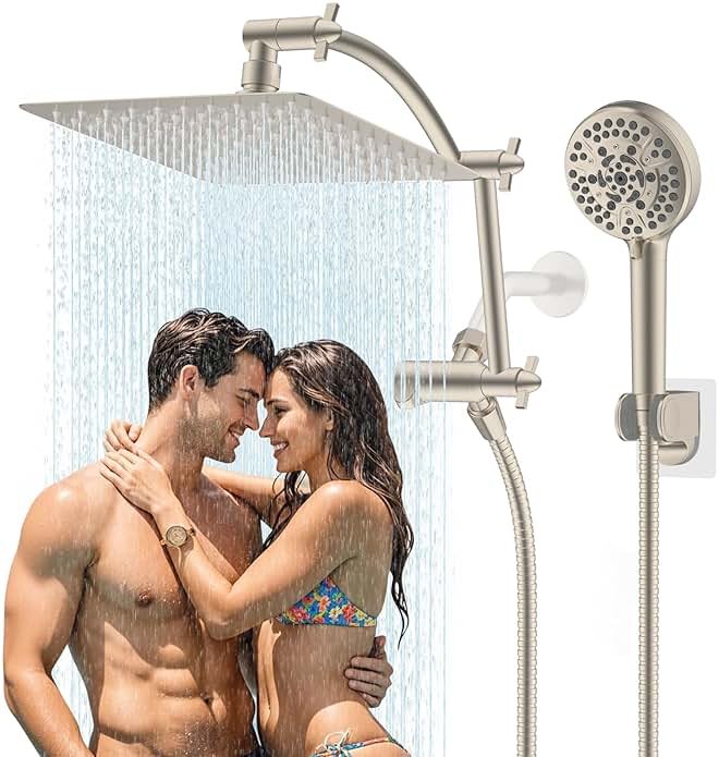 Hibbent All Metal cUPC Certified Shower Head, 10'' High Pressure Rain Shower Head, Handheld Showerhead Combo with 16'' Adjustable Extension Arm, 10 Sprays, 71'' Hose, Showerhead Holder, Brushed Nickel - Product Image