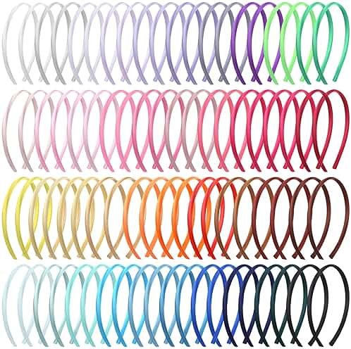 XunYee 100 Pieces Thin Satin Headbands for Women Girls 0.4 Inch DIY Satin Covered Headbands Bulk Colorful Ribbon Head Bands Plain Hairbands Narrow Hair Band(Multi Colors) - Product Image