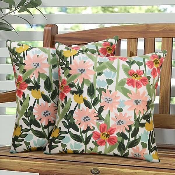 Pyonic Outdoor Pillows Covers Pack of 2 Spring Summer Floral Waterproof Throw Pillow Covers 18X18 inch Outdoor Pillows for Patio Furniture Garden Square Outside Waterproof Pillow - Product Image