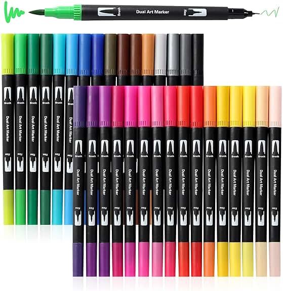 Peablce Art Markers Brush Pen, Markers for Adult Coloring Books No Bleeding,32 Colored Pens Fine Point Highlighter Pen & Brush for Adult Coloring Journaling Note Taking Planner - Product Image