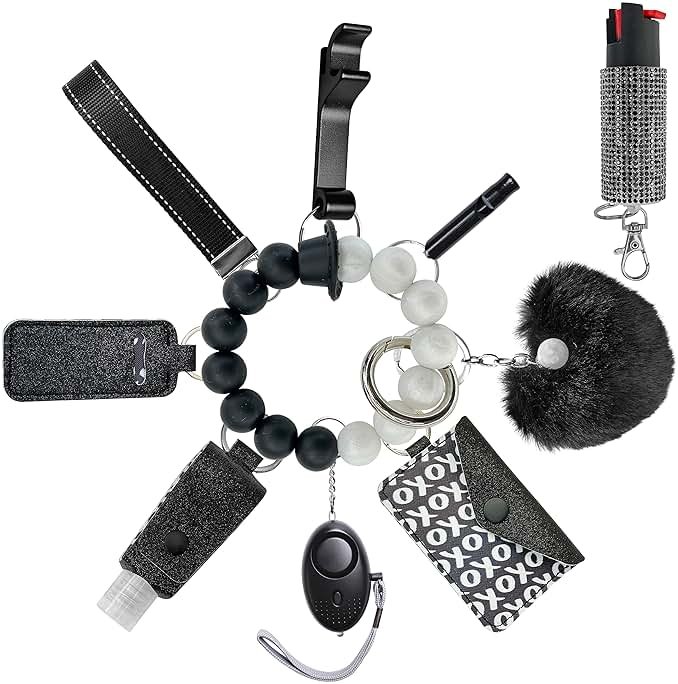 Auxu Keychain Set for Women and Girls Includes Beaded Wristlet, Pom Pom, Credit Card Puller and Personal Alarm - Product Image