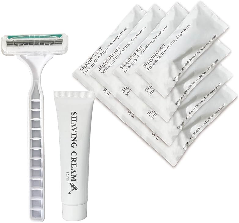 50 Pack Shave kit in Bulk 3 Blades Shave Disposable Razor with Protective Cap 12g Cream Individually Wrapped Paper Box for Hotel,Airbnb, Homeless,Shelter Camping Travel On The Go - Product Image