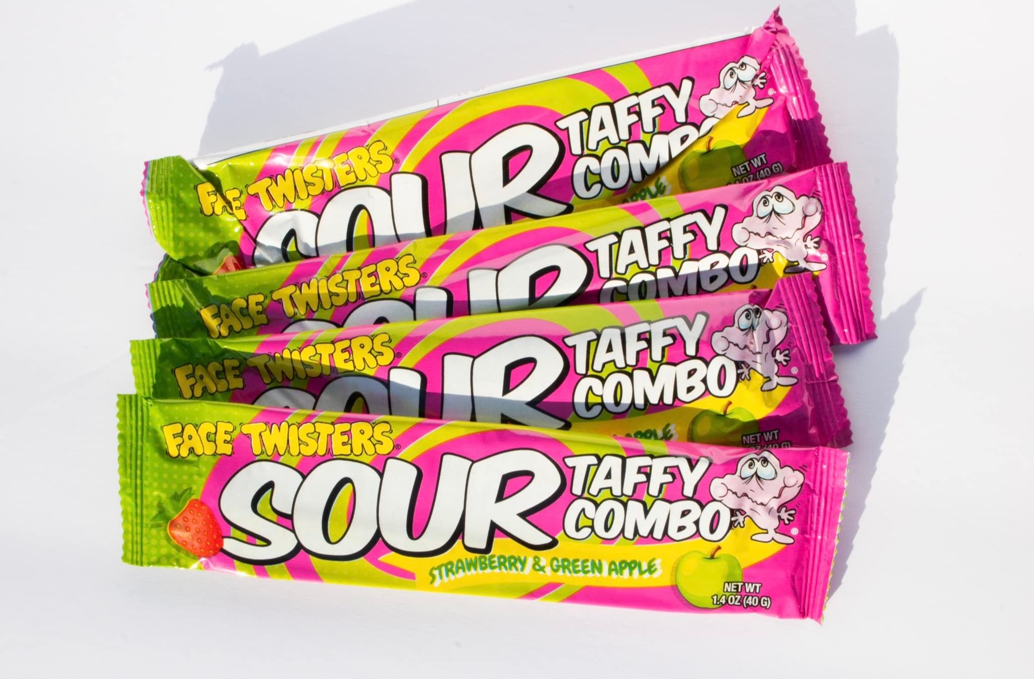 Face Twisters Sour Taffy Combo Strawberry and Green Apple | 4 Pack Large Sour Taffy Bars - Product Image