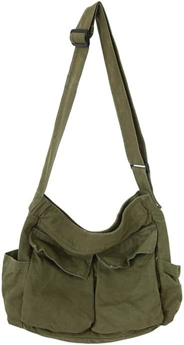 PRAGARI Canvas Crossbody Bag Messenger Cute Bag with Pins and Pendant for Women Girls Casual Shoulder Aesthetic School bag - Product Image