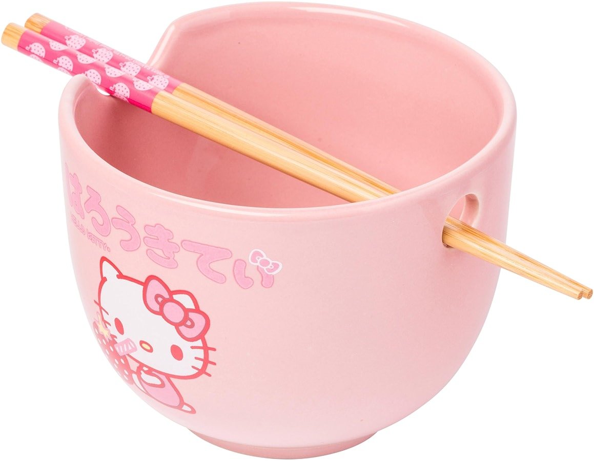 Silver Buffalo Sanrio Hello Kitty Strawberry Milk Japanese Character Ceramic Ramen Noodle Rice Bowl with Chopsticks, Microwave Safe, Pink, 20 Ounces - Product Image