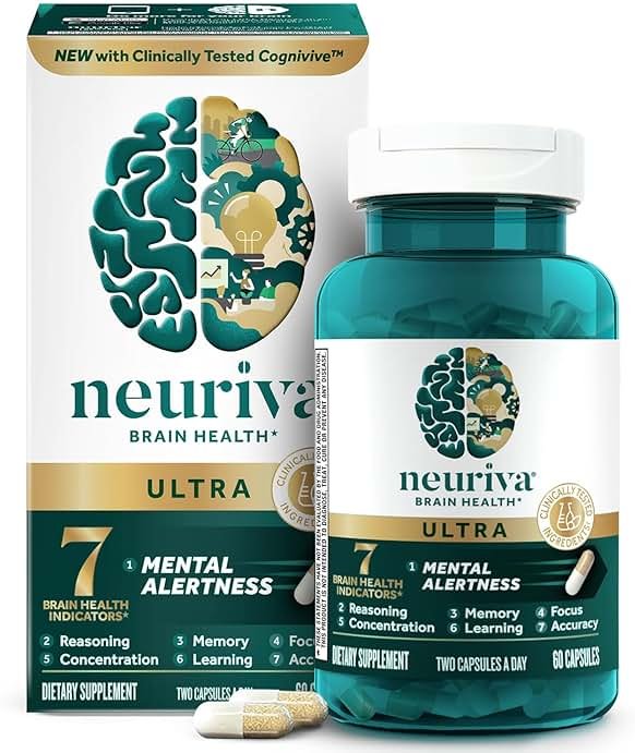 NEURIVA Ultra Brain Supplements for Memory and Focus, Phosphatidylserine, Cognivive, Neurofactor, Folic Acid, Vitamin B12 & Vitamin B6, 60 Count Capsules - Product Image