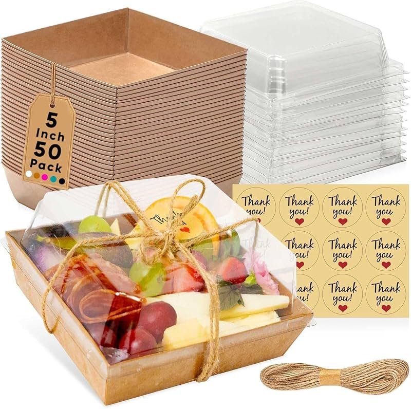 Leafiew 50 Pack Small Charcuterie Boxes with Clear Lids - To Go Paper Mini Charcuterie Box, Disposable Food Containers, 5Inch Dessert Boxes - Sandwich, Cookie, Sushi, Cake Slice, Strawberries (Brown) - Product Image