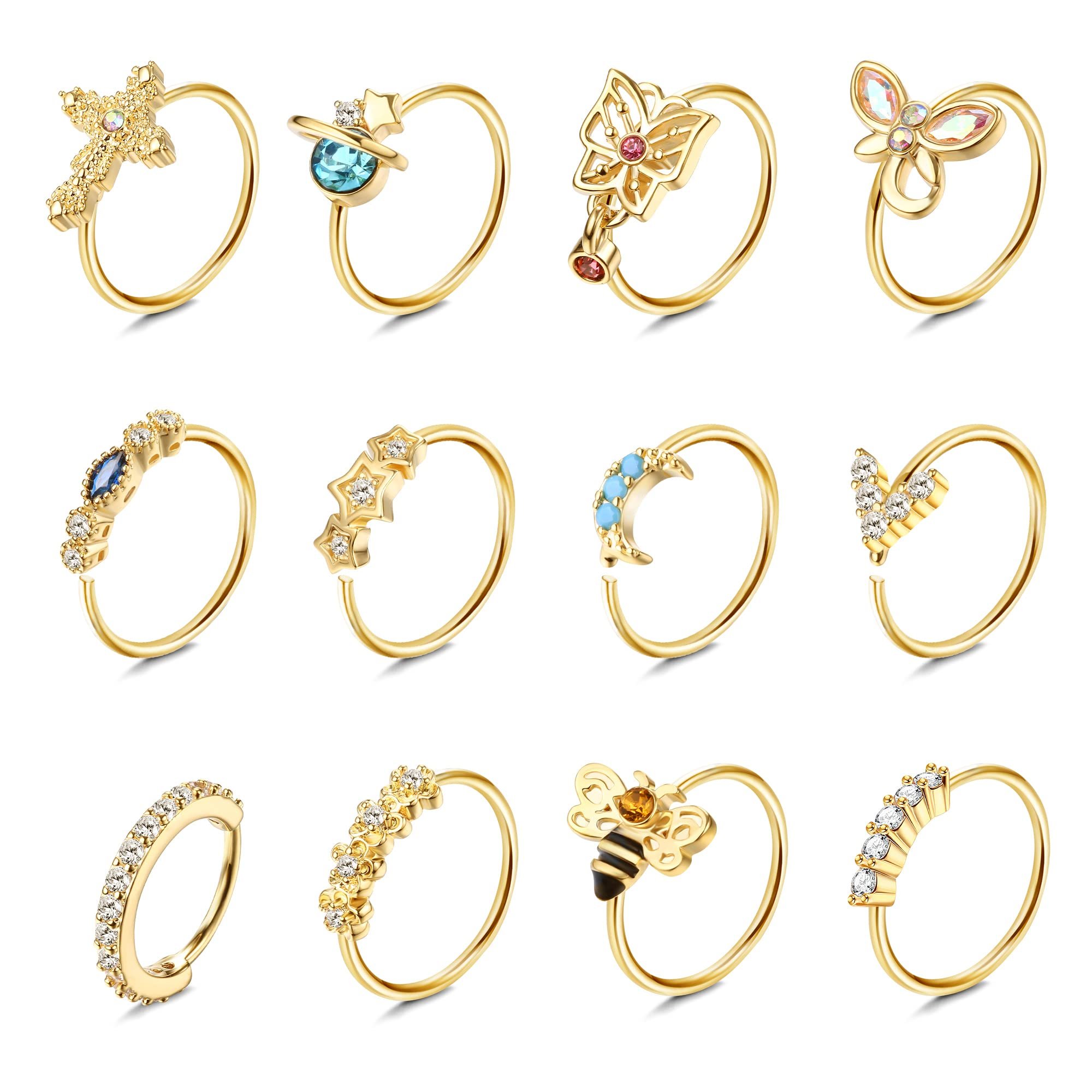 Dochais 12PCS Nose Rings Hoop 20G Nose Rings for Women Surgical Stainless Steel Nose Piercing Dangle Nose Ring Cartilage Earring Jewelry - Product Image