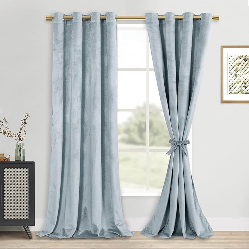 DWCN Velvet Curtains - 96 Inches Long Super Soft Luxury Tieable Window Treatments Room Darkening Privacy Protect Blackout Drapes for Bedroom Living Room Home Decor, Stone Blue, W52 x L96, 2 Panels - Product Image