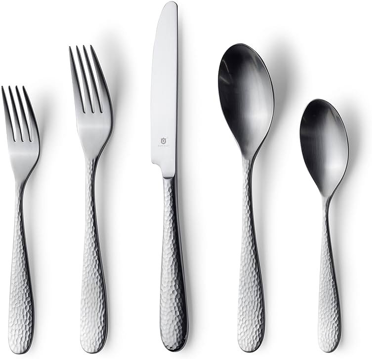 Danialli Matte Silverware Set, 18/10 Stainless Steel Satin Flatware, Modern Brushed Finish Cutlery, Dishwasher Safe & Durable, Built to Last (60-Piece, Fidenza Hammered) - Product Image